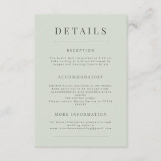 Minimalistische Hochzeitsdetails Blassgrün Begleitkarte
