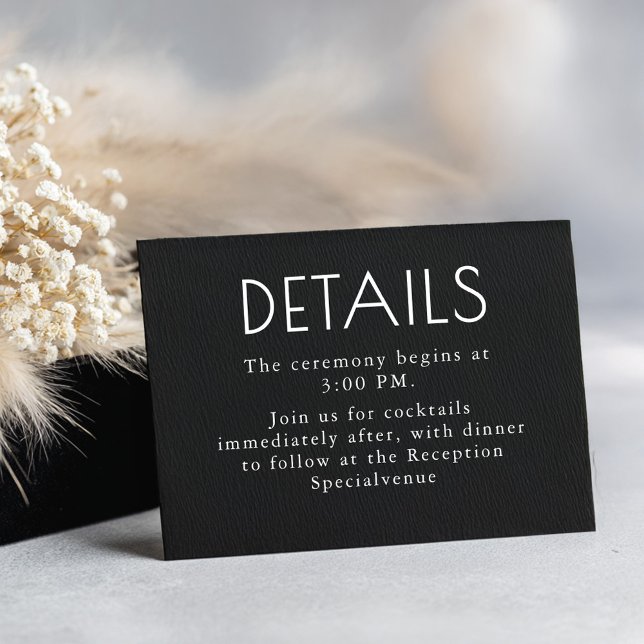 Minimalistische Hochzeitsdetails in Schwarz und We Begleitkarte (Black Modern and Elegant Wedding Details Card)