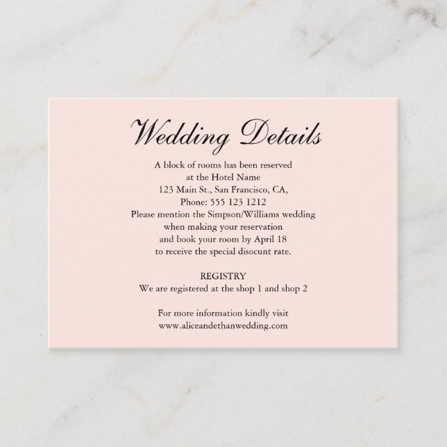 Minimalistische Hochzeitsdetails mit Foto Rosa Begleitkarte (Vorderseite)