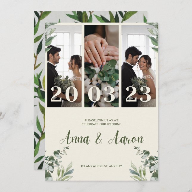 Minimalistische Hochzeitseinladung in Rosa und Grü Einladung (Vorne/Hinten)