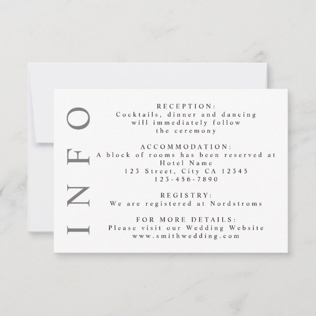 Minimalistische Hochzeitsinfo für Grau und Weiß RSVP Karte (Vorderseite)