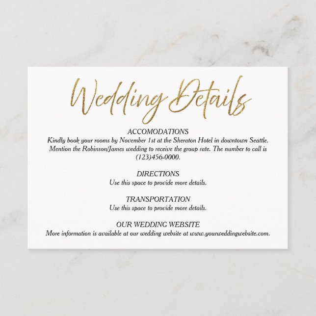 Minimalistische Hochzeitskarte für Weiß und Gold Begleitkarte (Vorderseite)