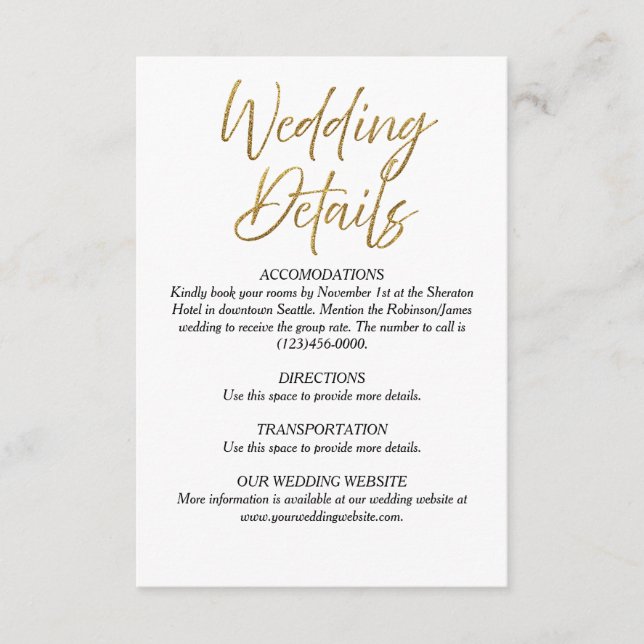 Minimalistische Hochzeitskarte für Weiß und Gold Begleitkarte (Vorderseite)