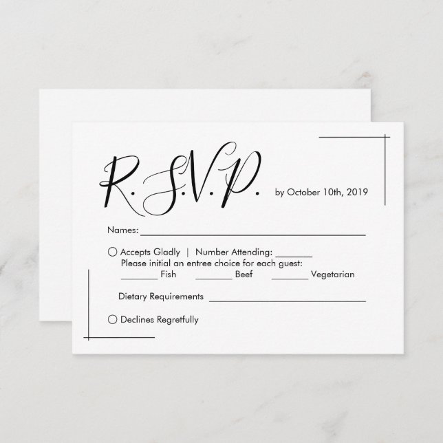 Minimalistische Hochzeitskarte mit überkreuzten Gr RSVP Karte (Vorne/Hinten)