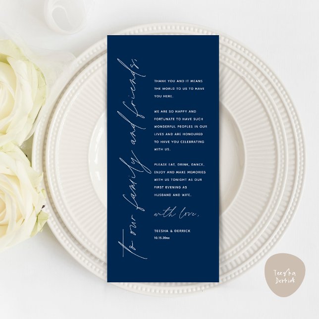 Minimalistische Hochzeitsplatteinstellung Dankesch Programm (Minimalist Wedding Place Setting Thank You Dinner Card, in Classy Navy Blue)