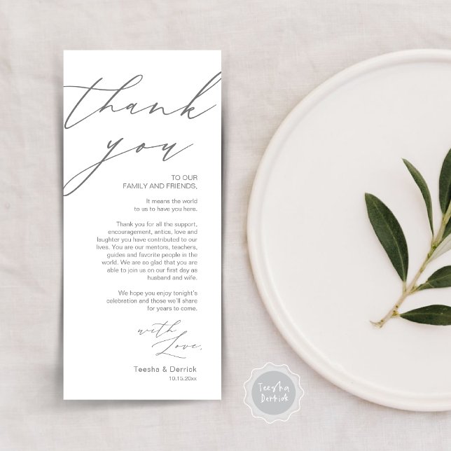 Minimalistische Hochzeitsplatteinstellung Dankesch Programm (Wedding Place Setting Dinner Thank You Card, Modern Romantic Script, in Dark Grey)