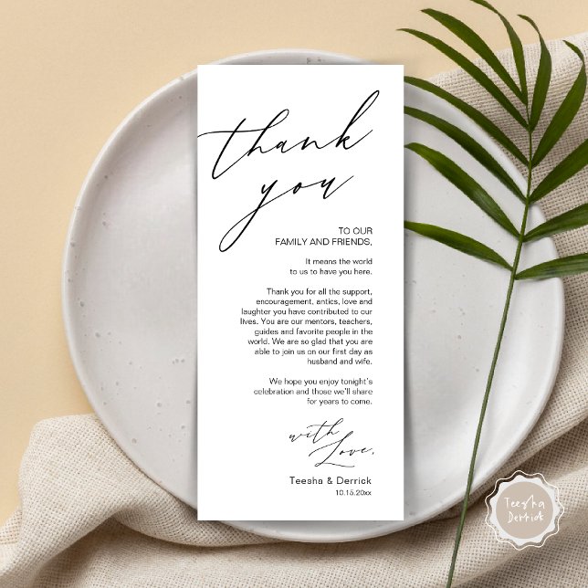 Minimalistische Hochzeitsplatteinstellung Dankesch Programm (Wedding Place Setting Dinner Thank You Card, Modern Romantic Script, in Black and White)