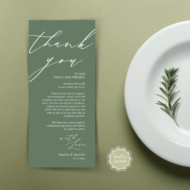 Minimalistische Hochzeitsplatteinstellung Dankesch Programm (Wedding Place Setting Dinner Thank You Card, Modern Romantic Script, in Forest Sage Green)