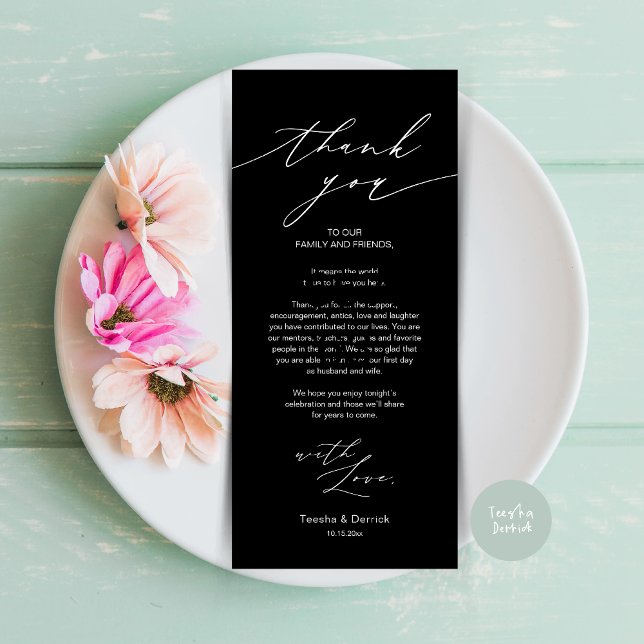 Minimalistische Hochzeitsplatteinstellung Dankesch Programm (Minimalist Wedding Dinner Place Setting Thank You Card, plate decor in Black and White)