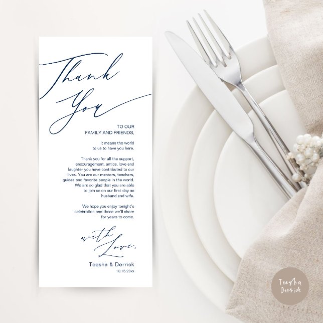 Minimalistische Hochzeitsplatteinstellung Dankesch Programm (Wedding Dinner Place Setting Thank You Card, Modern Minimalist, in Navy Blue)