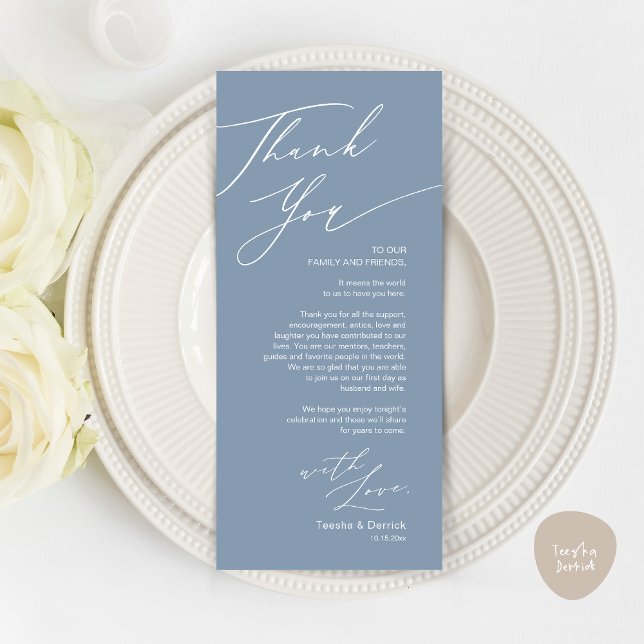 Minimalistische Hochzeitsplatteinstellung Dankesch Programm (Wedding Dinner Place Setting Thank You Card, Modern Minimalist, in Dusty Blue)