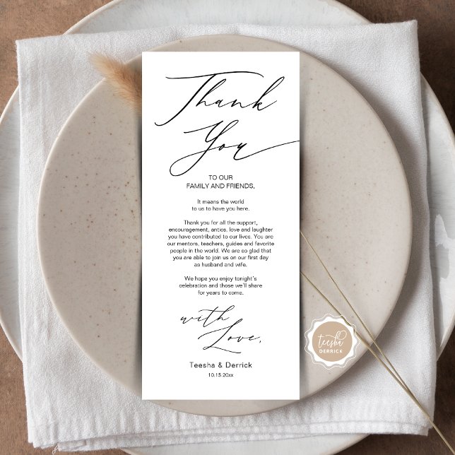 Minimalistische Hochzeitsplatteinstellung Dankesch Programm (Wedding Dinner Place Setting Thank You Card, in Modern Gentle Script, Black themed, Plate Decoration)