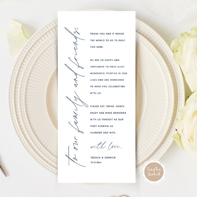 Minimalistische Hochzeitsplatteinstellung Dankesch Programm (Modern Minimalist Wedding Place Setting Thank You Card for Your Wedding Dinner Party, Navy Blue)