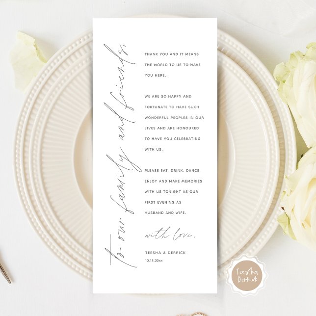 Minimalistische Hochzeitsplatteinstellung Dankesch Programm (Modern Minimalist Wedding Place Setting Thank You Card for Your Wedding Dinner Party, Dark Grey.)