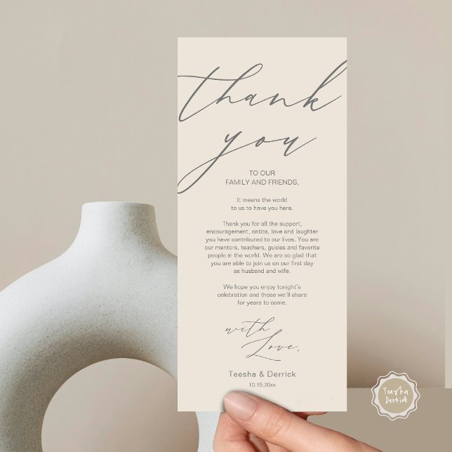 Minimalistische Hochzeitsplatteinstellung Dankesch Programm (Wedding Dinner Place Setting Thank You Card, in Modern Minimalist Script, Grey Cream Themed)