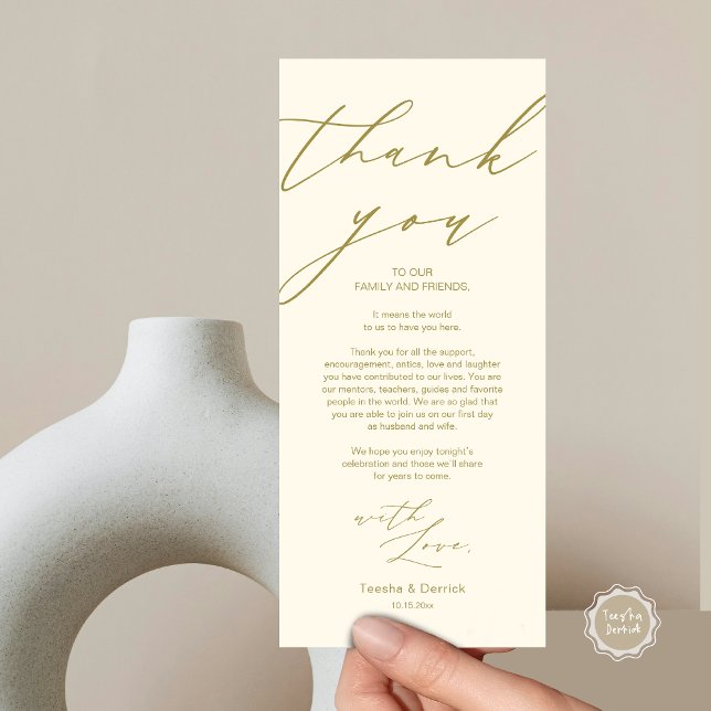 Minimalistische Hochzeitsplatteinstellung Dankesch Programm (Wedding Dinner Place Setting Thank You Card, in Modern Minimalist Script, Classy Gold)