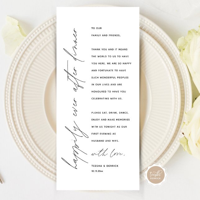 Minimalistische Hochzeitsplatteinstellung Dankesch Programm (Wedding Happily Ever After Dinner Place Setting Thank You Card, in Modern Minimalist Script Themed)