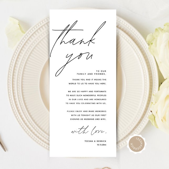 Minimalistische Hochzeitsplatteinstellung Dankesch Programm (Modern Minimalist Wedding Place Setting Thank You Card, Dinner Plate Decor, Online Editable)