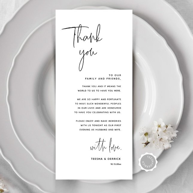 Minimalistische Hochzeitsplatteinstellung Dankesch Programm (Modern Minimalist Wedding Place Setting Thank You Card, Dinner Place Decor, Online Editable)