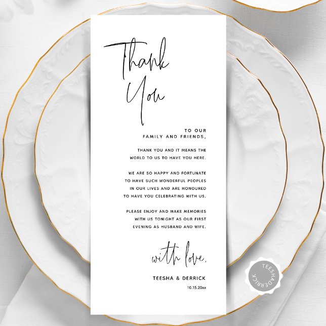 Minimalistische Hochzeitsplatteinstellung Dankesch Programm (Modern Minimalist Wedding Place Setting Thank You Card, Online Editable, Dinner Place Decor)