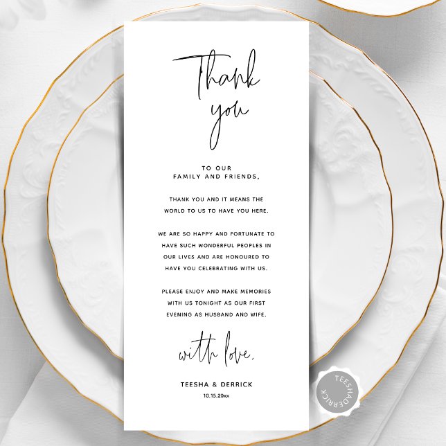 Minimalistische Hochzeitsplatteinstellung Dankesch Programm (Modern Minimalist Wedding Place Setting Thank You Card, Dinner place decor, Napkin notes, editable)
