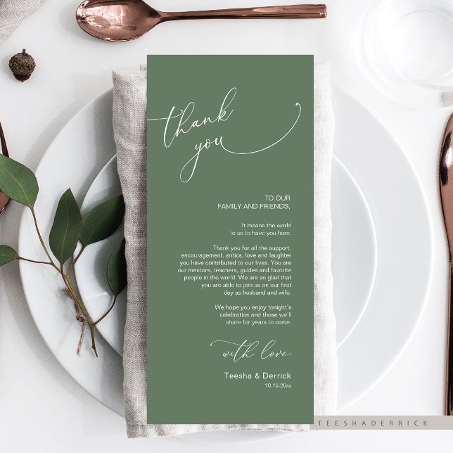 Minimalistische Hochzeitsplatteinstellung Dankesch Programm (Modern Romantic Wedding Place Setting Thank You Card, Dinner / Brunch Plate Decoration, Sage Green )