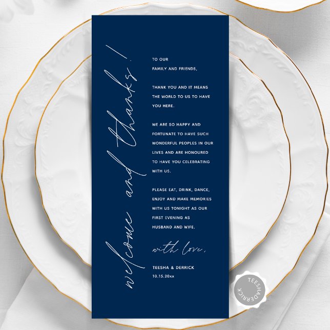 Minimalistische Hochzeitsplatteinstellung Dankesch Programm (Welcome and Thanks, Wedding Place Setting Thank You Card, Elopement Dinner Dancing, Navy Blue)