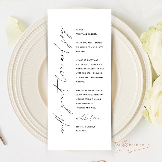 Minimalistische Hochzeitsplatteinstellung Dankesch Programm (With Great and Joy, Minimalist Modern Minimal Wedding Dinner Place Setting Thank You Card)