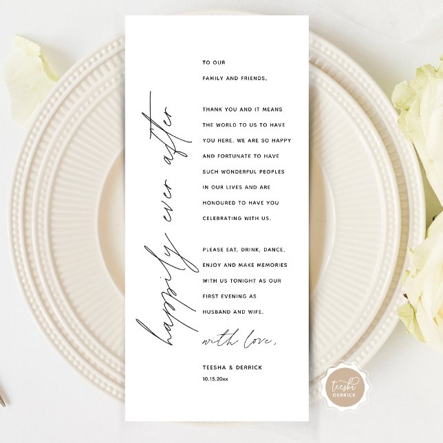 Minimalistische Hochzeitsplatteinstellung Dankesch Programm (Wedding Happily Ever After Dinner Place Setting Thank You Card, in Modern Minimalist Script Themed)