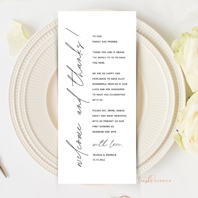 Minimalistische Hochzeitsplatteinstellung Dankesch Programm (Welcome and Thanks, Wedding Place Setting Thank You Card, Elopement Dinner, Modern Minimal theme)