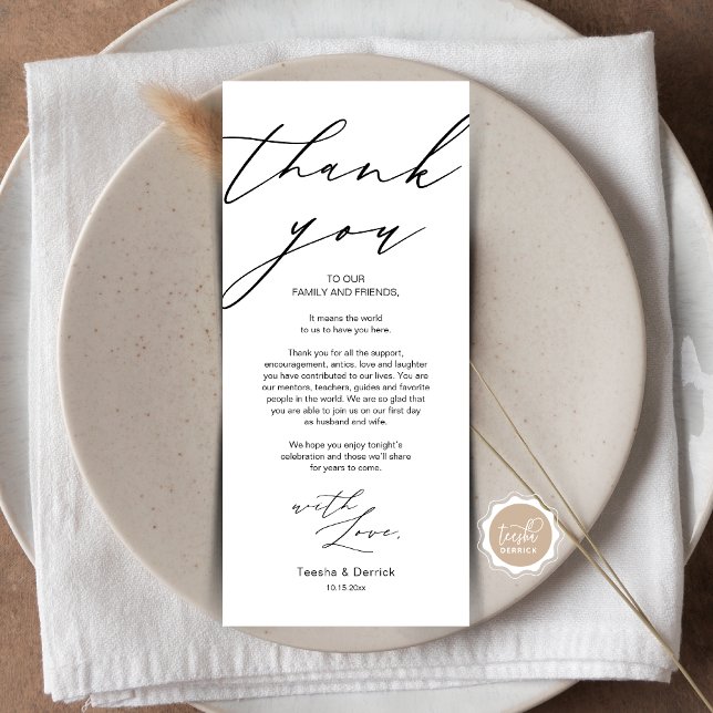 Minimalistische Hochzeitsplatteinstellung Dankesch Programm (Wedding Dinner Place Setting Thank You Card, Plate Decor, in Modern Gentle Script, Black themed.)