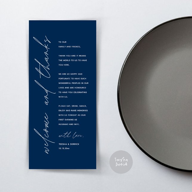 Minimalistische Hochzeitsplatteinstellung Dankesch Programm (Wedding Dinner Place Setting Thank You Card, Modern Minimalist, in Navy blue)
