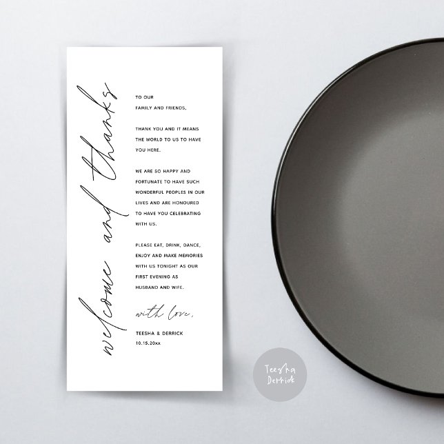 Minimalistische Hochzeitsplatteinstellung Dankesch Programm (Wedding Dinner Place Setting Thank You Card, Modern Minimalist, in Black and White)