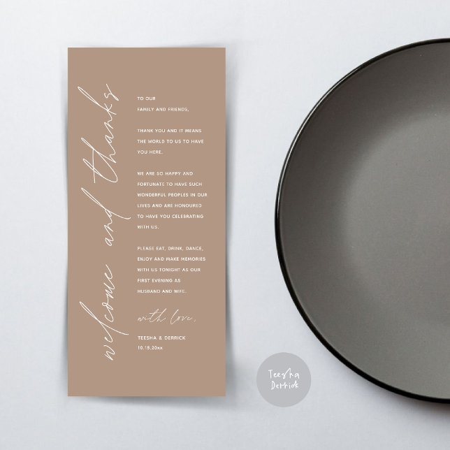 Minimalistische Hochzeitsplatteinstellung Dankesch Programm (Wedding Dinner Place Setting Thank You Card, Modern Minimalist, in Warm Taupe)