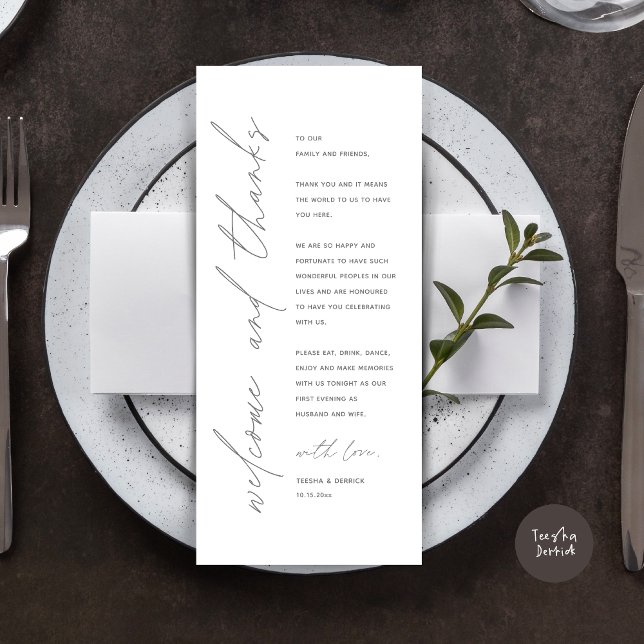 Minimalistische Hochzeitsplatteinstellung Dankesch Programm (Wedding Dinner Place Setting Thank You Card, Modern Minimalist, in Dark Grey)