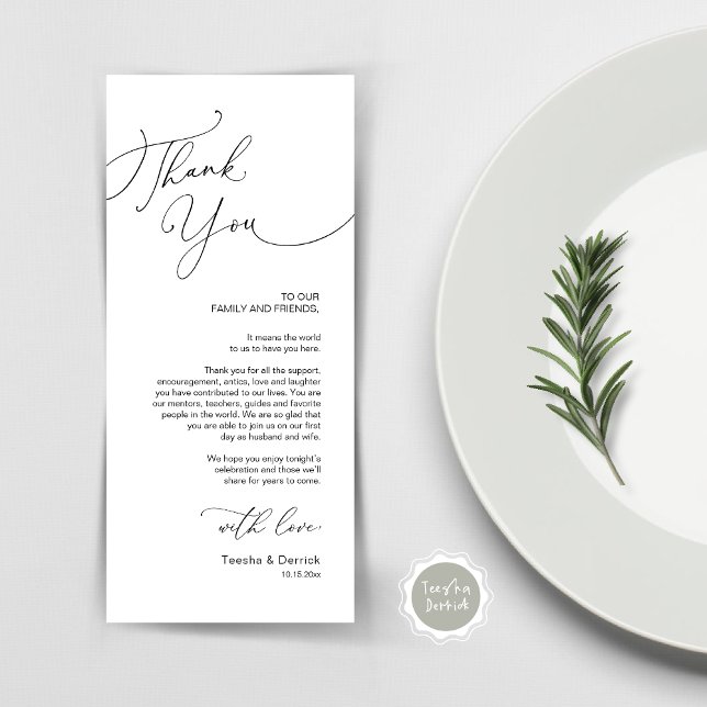 Minimalistische Hochzeitsplatteinstellung Dankesch Programm (Place Setting Thank You Card, Modern Romantic, Wedding Dinner, Lunch, Brunch in Black and White)