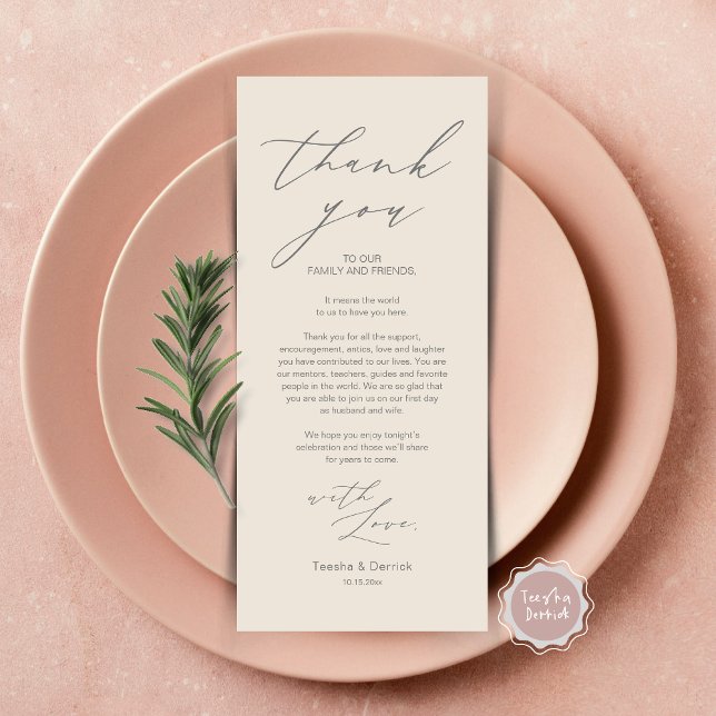 Minimalistische Hochzeitsplatteinstellung Dankesch Programm (Wedding Brunch, Lunch, Dinner Place Setting Thank You Card, Modern Minimalist Script, Grey Cream)