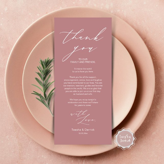 Minimalistische Hochzeitsplatteinstellung Dankesch Programm (Wedding Brunch, Lunch, Dinner Place Setting Thank You Card, Modern Minimalist Script, Dusty rose )
