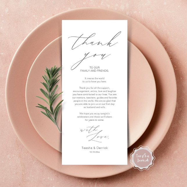 Minimalistische Hochzeitsplatteinstellung Dankesch Programm (Wedding Brunch, Lunch, Dinner Place Setting Thank You Card, Modern Minimalist Script, Dark Grey)