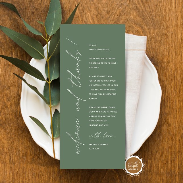 Minimalistische Hochzeitsplatteinstellung Dankesch Programm (Minimalist Wedding Place Setting Thank You Card, for dinner, brunch, lunch party, in sage green)