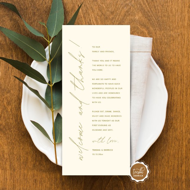 Minimalistische Hochzeitsplatteinstellung Dankesch Programm (Minimalist Wedding Place Setting Thank You Card, for dinner, brunch, lunch party, in classy gold)