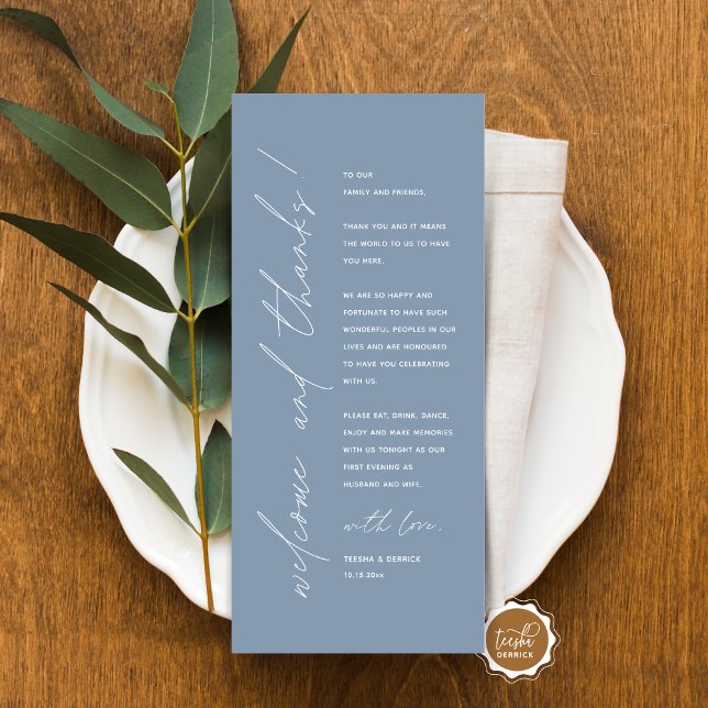 Minimalistische Hochzeitsplatteinstellung Dankesch Programm (Minimalist Wedding Place Setting Thank You Card, for dinner, brunch, lunch party, in dusty blue)