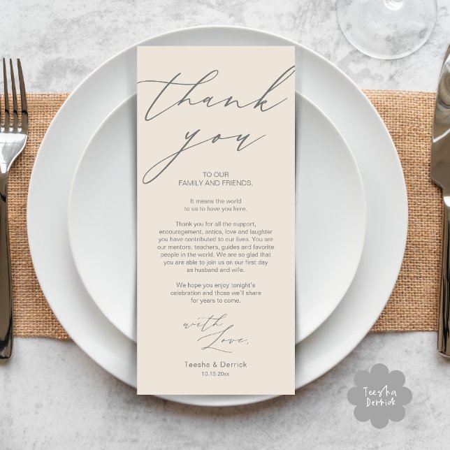 Minimalistische Hochzeitsplatteinstellung Dankesch Programm (Modern Minimalist Wedding Dinner Place Setting Thank You Card in aesthetic cream grey)