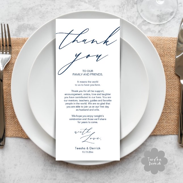 Minimalistische Hochzeitsplatteinstellung Dankesch Programm (Modern Minimalist Wedding Dinner Place Setting Thank You Card in Navy Blue)
