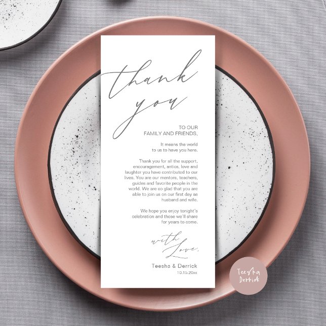 Minimalistische Hochzeitsplatteinstellung Dankesch Programm (Wedding Place Setting Dinner Thank You Card, Modern Romantic Script, in Dark Grey)