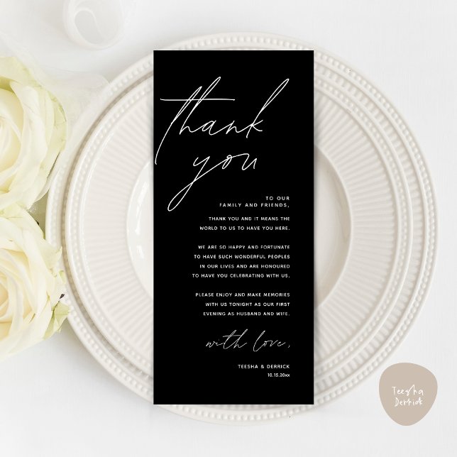 Minimalistische Hochzeitsplatteinstellung Dankesch Programm (Wedding Place Setting Thank You Card, Modern Minimalist in Classy Black)