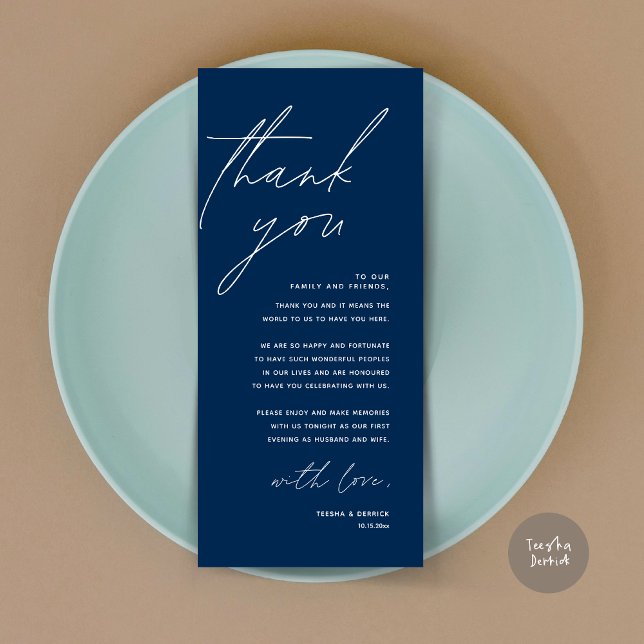 Minimalistische Hochzeitsplatteinstellung Dankesch Programm (Wedding Place Setting Thank You Card, Modern Minimalist in Navy Blue)