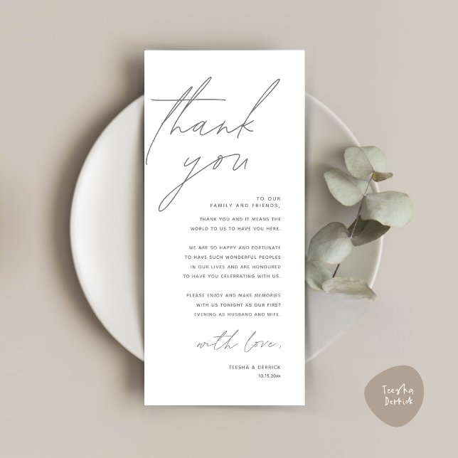 Minimalistische Hochzeitsplatteinstellung Dankesch Programm (Wedding Place Setting Thank You Card, Modern Minimalist in Dark Grey)