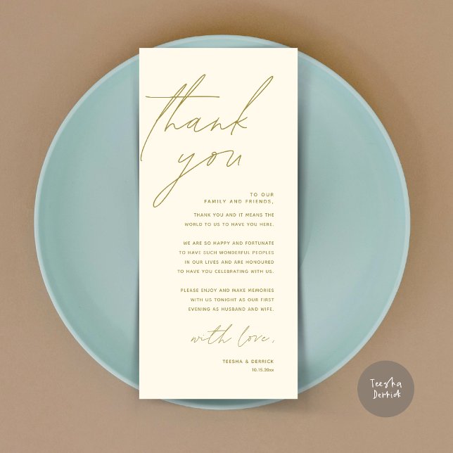 Minimalistische Hochzeitsplatteinstellung Dankesch Programm (Wedding Place Setting Thank You Card, Modern Minimalist in Yellow Gold)