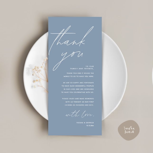 Minimalistische Hochzeitsplatteinstellung Dankesch Programm (Wedding Place Setting Thank You Card, Modern Minimalist in Dusty Blue)
